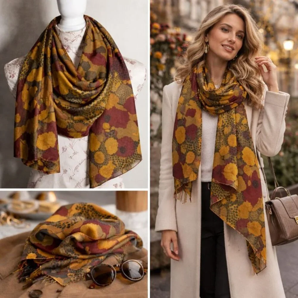 🌿 Vintage-Inspired Mustard & Oxblood Graphic Scarf  Mid-Century Modern